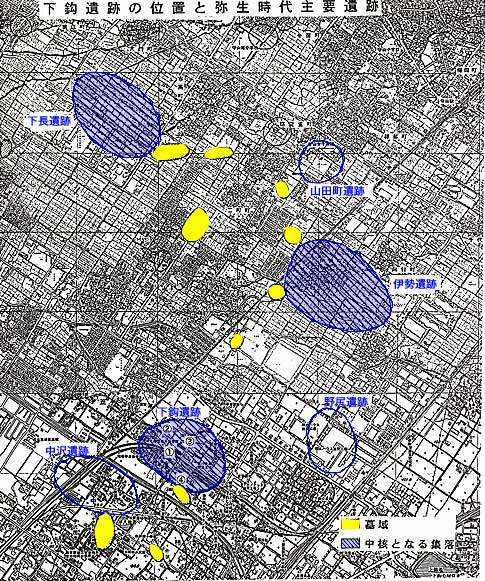 下鈎遺跡の位置と弥生時代主要遺跡の図