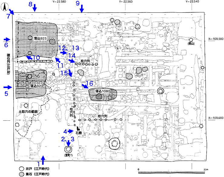 図5　主要遺構配置図（1：300）に写真の撮影方向と番号を記入