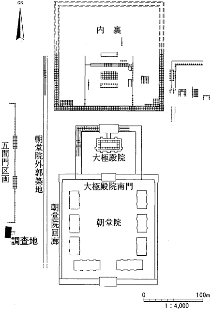 図1　後期難波宮の遺構配置と今回の調査地位置図