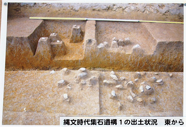 パネル写真：縄文時代集石遺構1の出土状況　東から