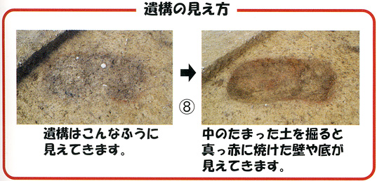 遺構はこんなふうに見えてきます。中のたまった土を掘ると真っ赤に焼けた壁や底が見えてきます。