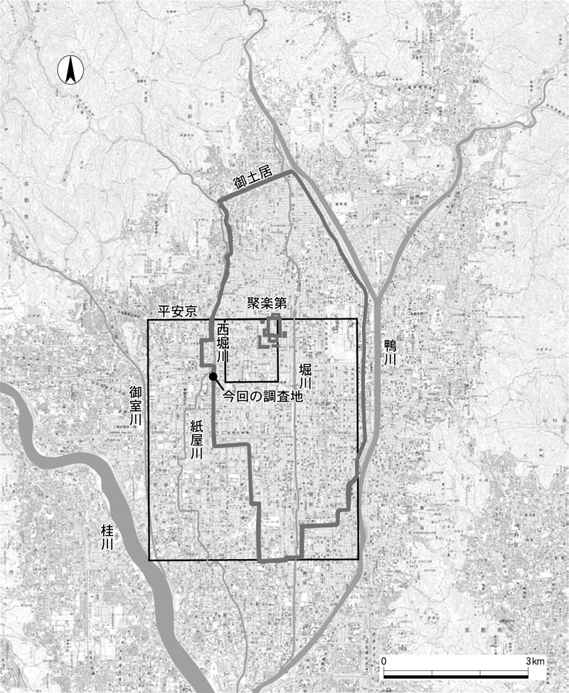 図1　平安京・御土居と調査地点図（1：100,000）
