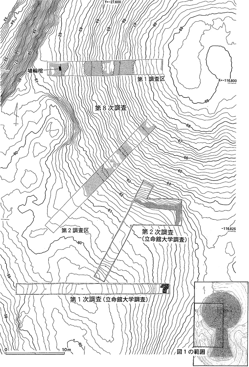 図1　後円部・くびれ部西側の調査成果（1/250）